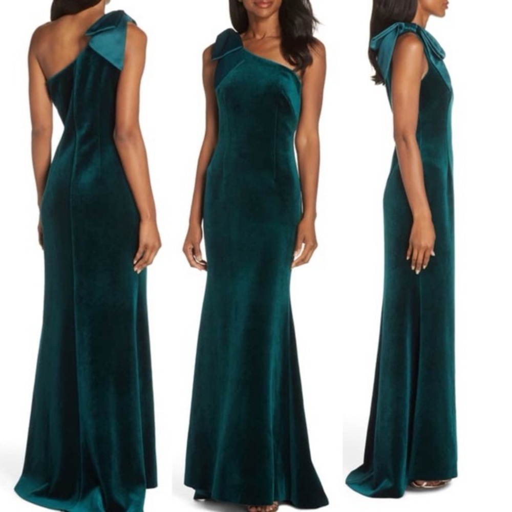 Eliza J Emerald Green Velvet Bow One Shoulder Dress Gown - 2P